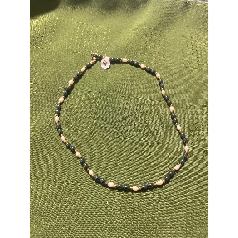 Hematite and Rice Pearl Beaded Necklace Gold Tone Lobster Clasp